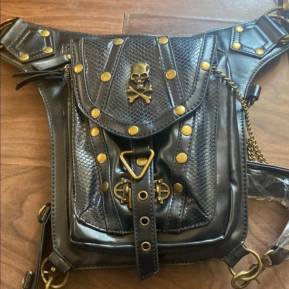 Black Leather Crossbody Bag with Gold Accents Biker Goth Steampunk New No‎ Tags